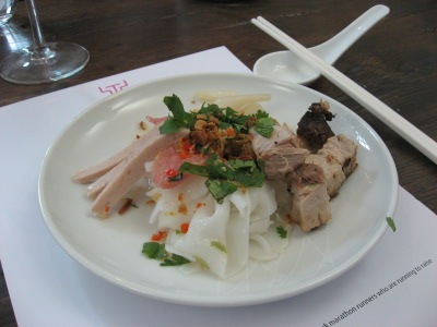 Crispy Pork Belly with Banh Cuon, Shallots with Vietnamese Ham, Thai Basil and Coriander